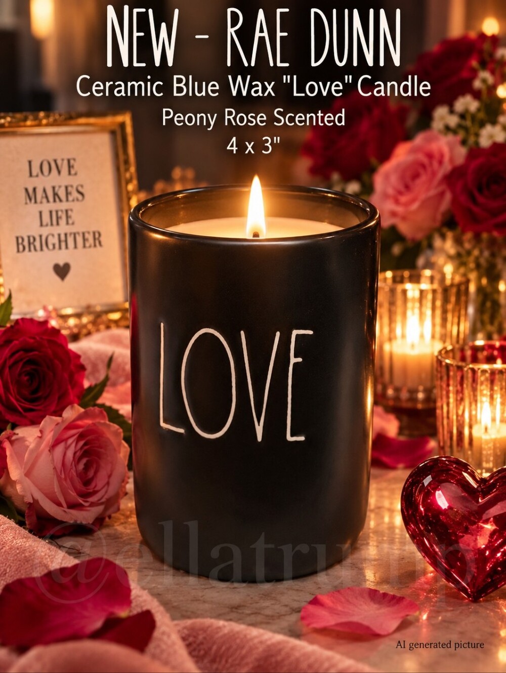 Rae Dunn Ceramic Candle with 'LOVE' Inscription Peony Rose New 4x3"